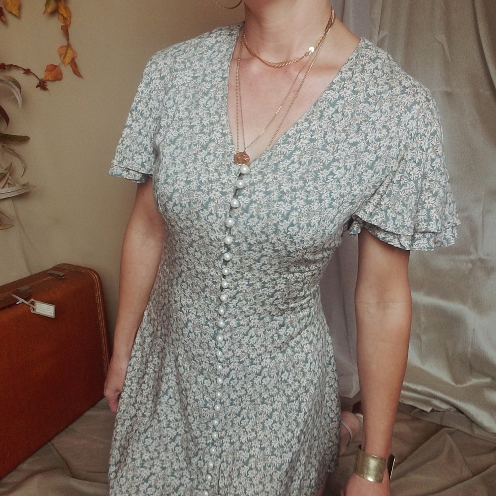 Vintage Mint Green Floral Button-Front Dress - Picture 3 of 7